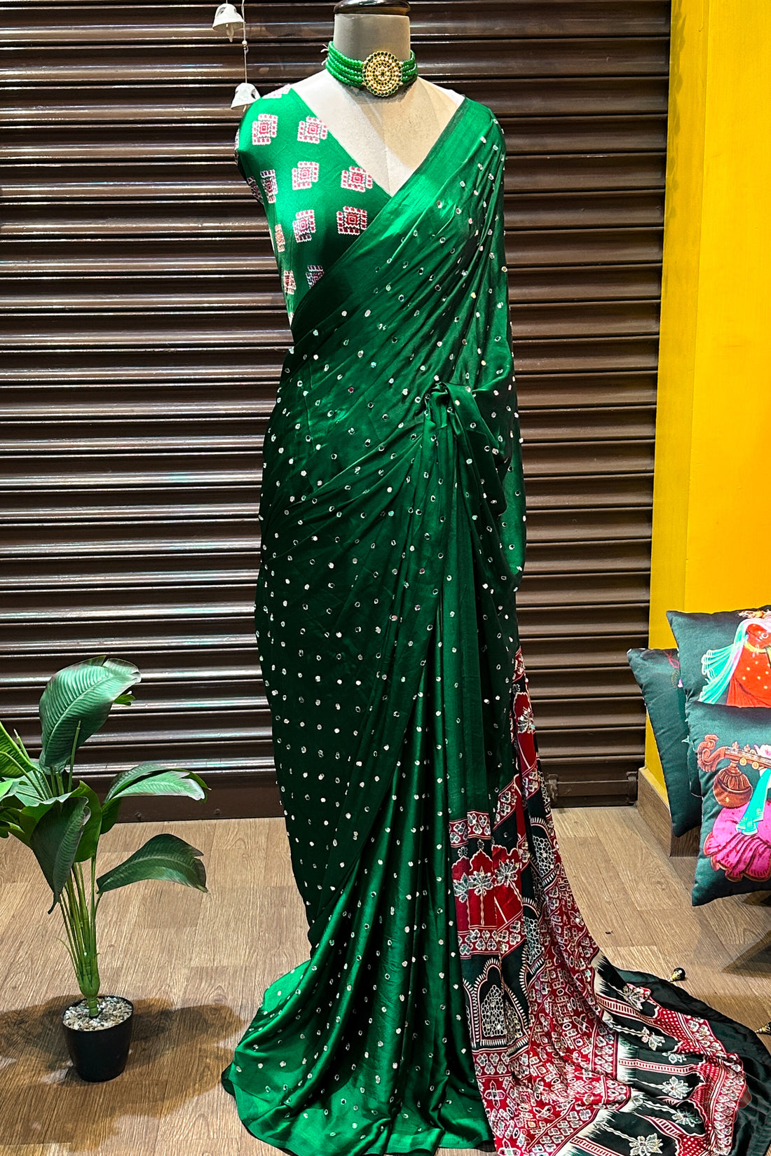 Fancy ajrakh silk sarees with mirrors allover