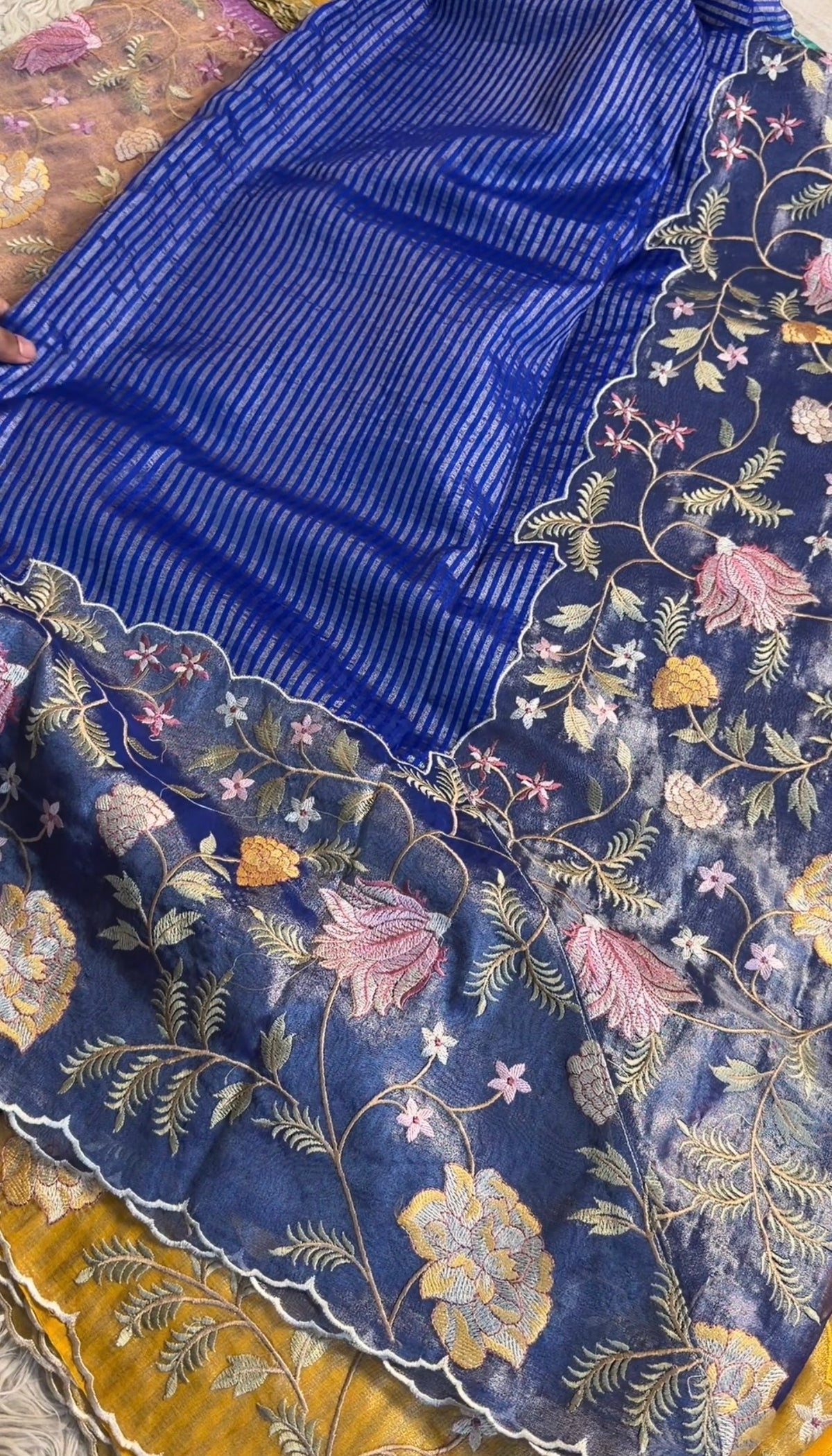 Exclusive banaras tissue stripes sarees with applique scalloped embroidery