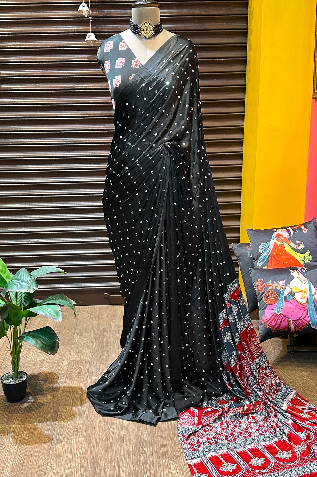 Fancy ajrakh silk sarees with mirrors allover