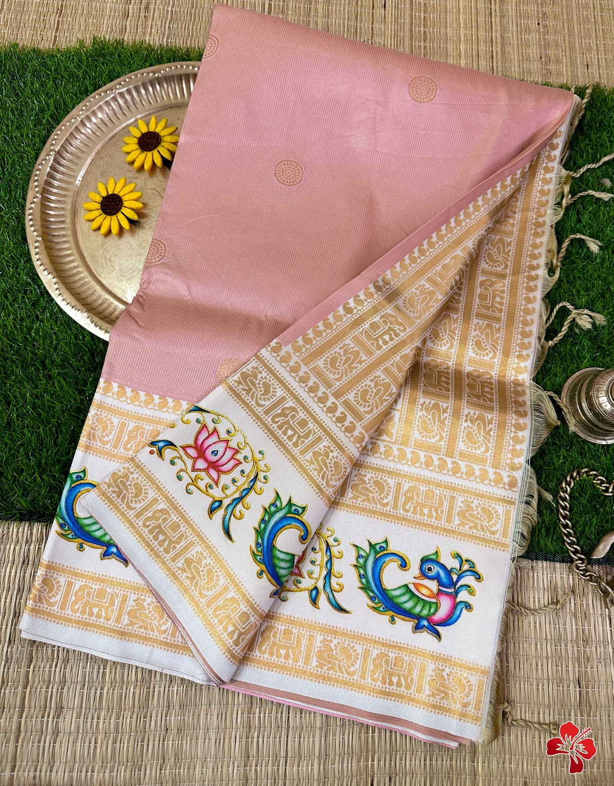 Fancy semi kanjeevaram silk saree with tanjore print