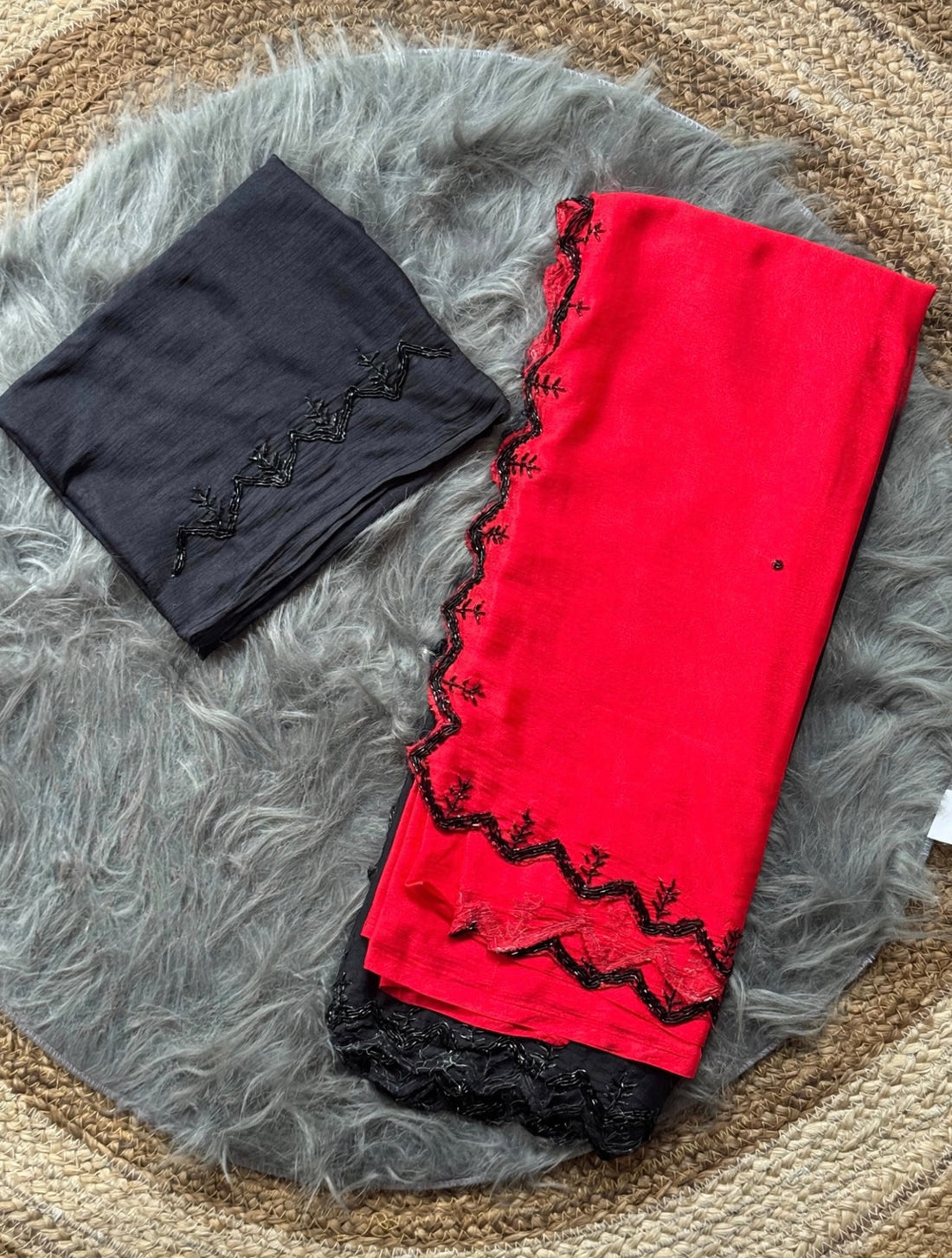 Shaded chinnon sarees with scalloped handwork borders and rich blouse handwork