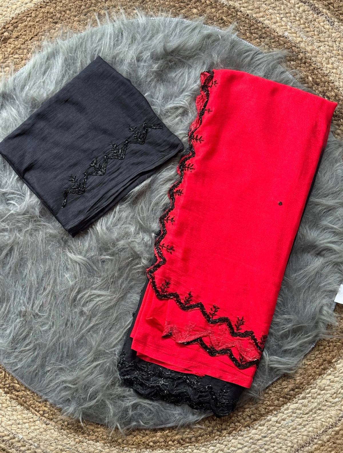 Shaded chinnon sarees with scalloped handwork borders and rich blouse handwork