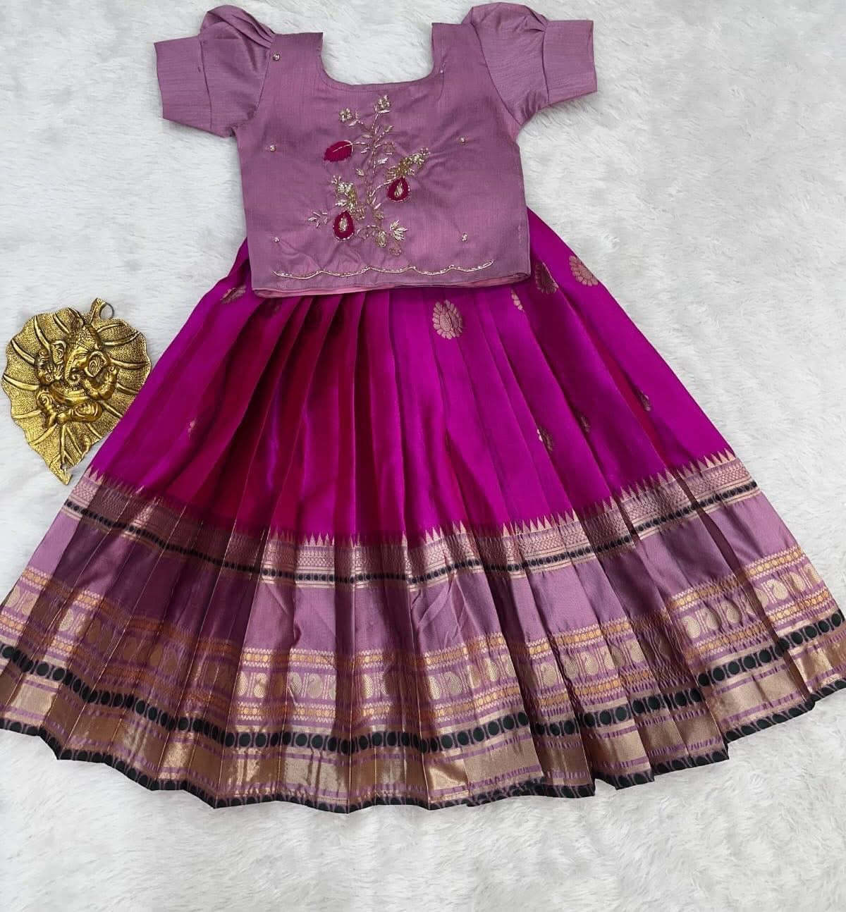 Kids banaras soft silk fully stitched lehangas (1-15 years)