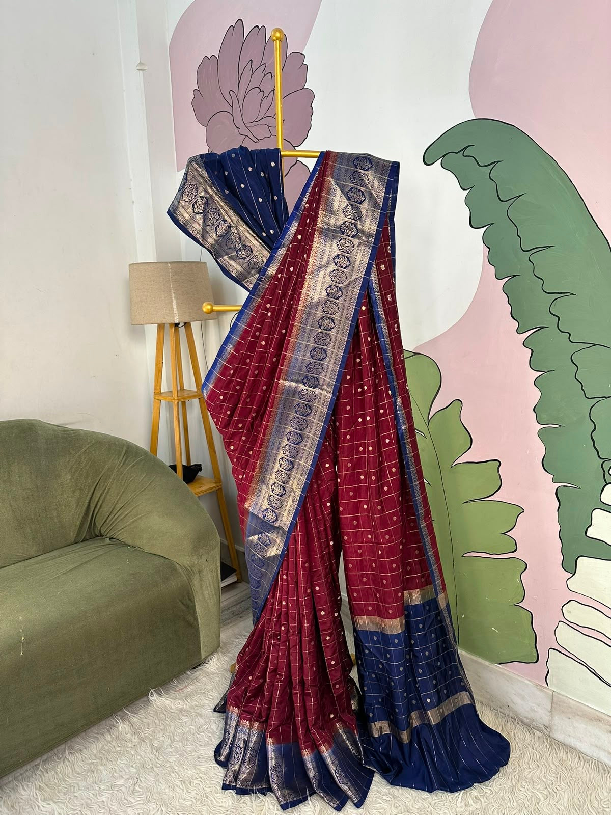 Vintage banaras soft silk sarees with checkered weaving unstitched blouse