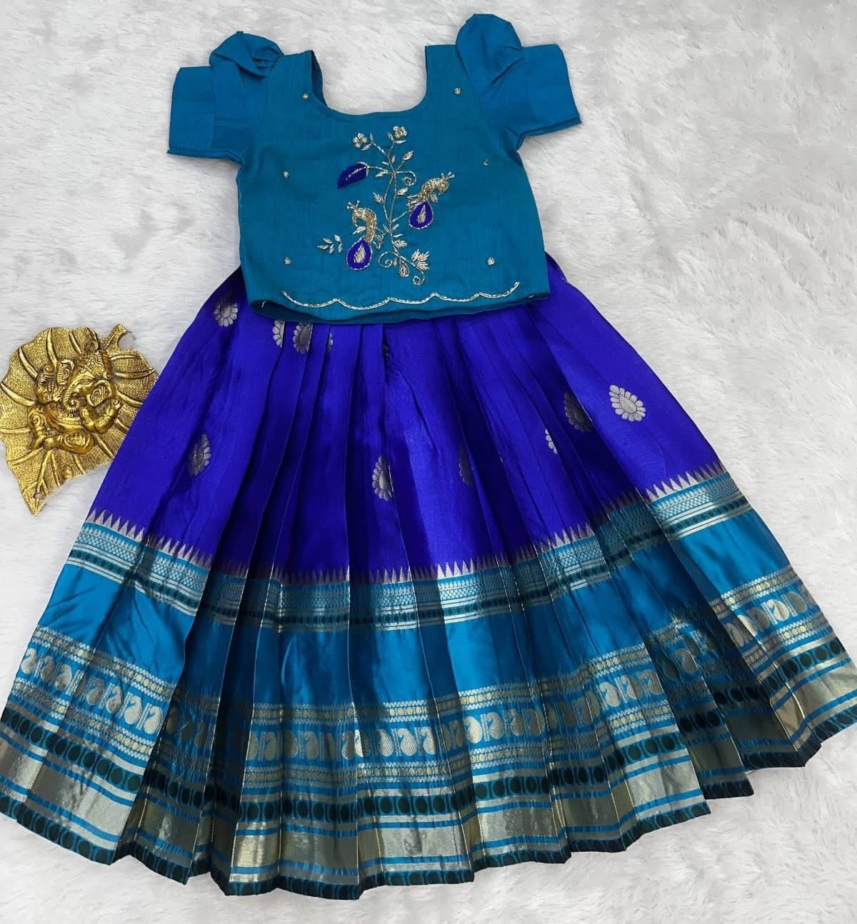 Kids banaras soft silk fully stitched lehangas (1-15 years)
