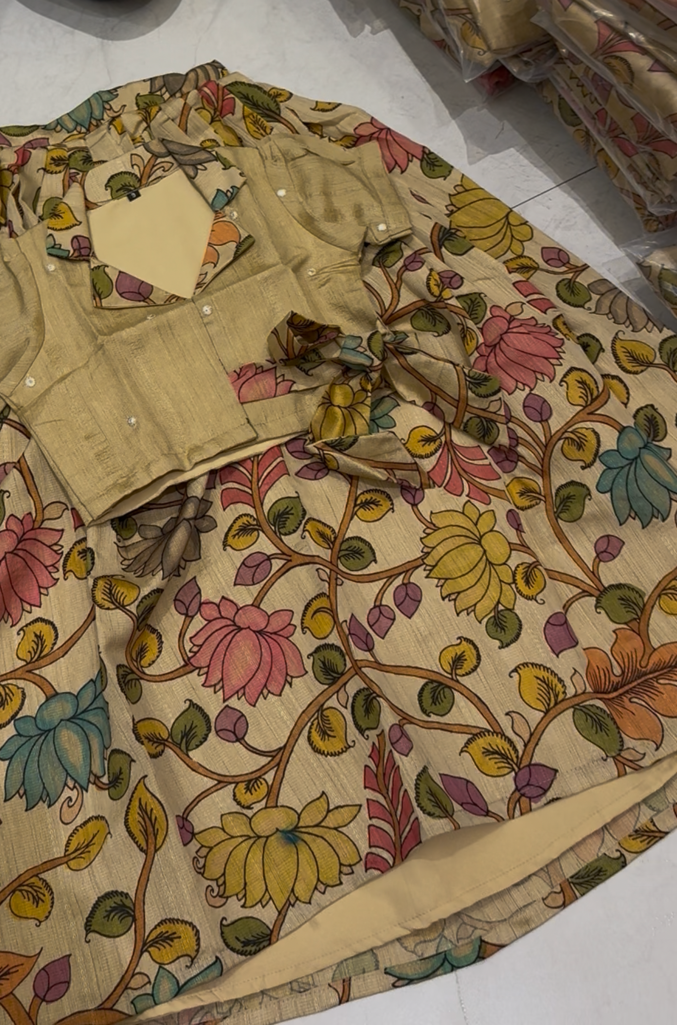 Kids tussar kalamkari lehanga set (0-16 years )