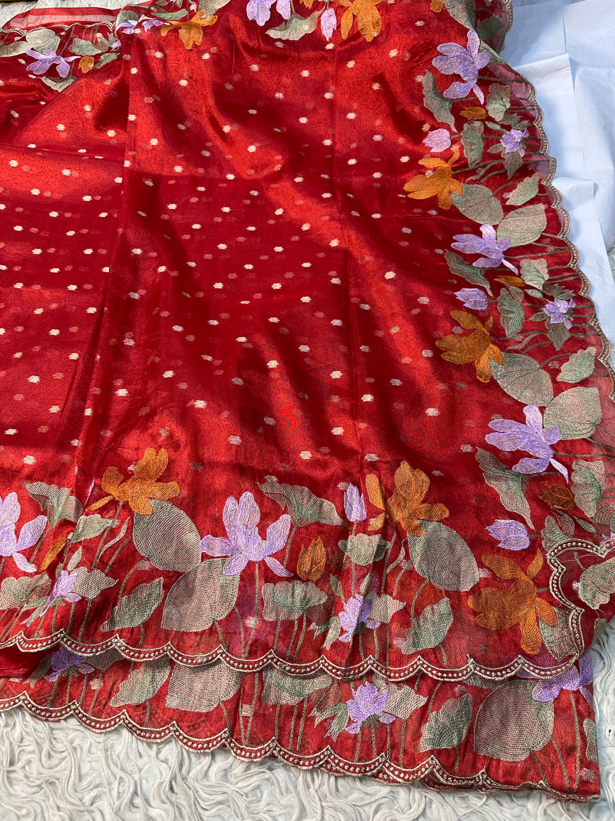 Banaras tissue silk sarees with scalloped applique embroidery