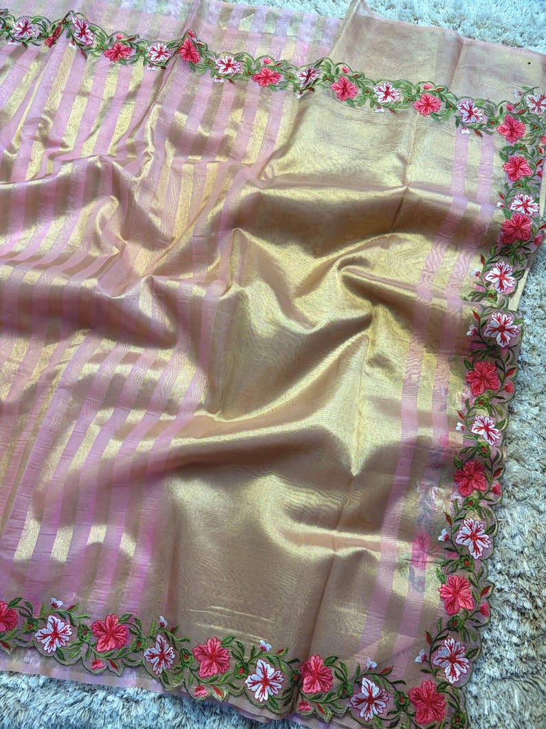 Banaras stripes sarees with scalloped embroidery