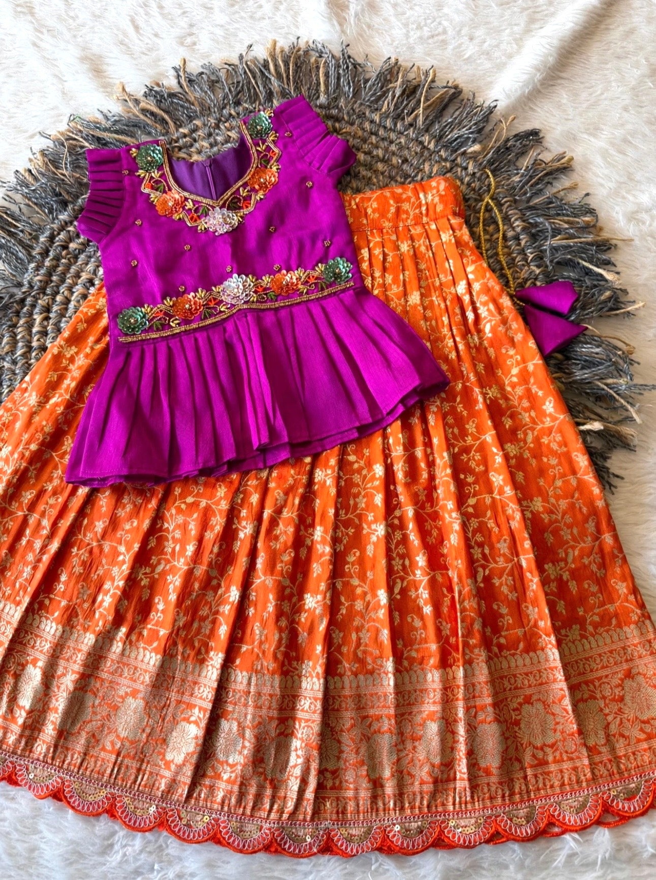 Kids fully stitched banaras silk lehanga with handwork peplum blouse (1-16 years)