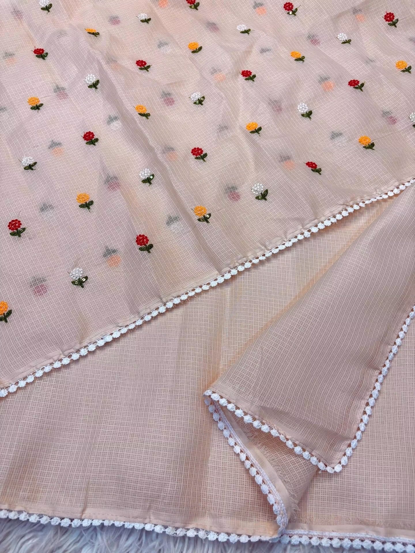 Kota sarees with beautiful scalloped crochet edging and rich embroidery blouse