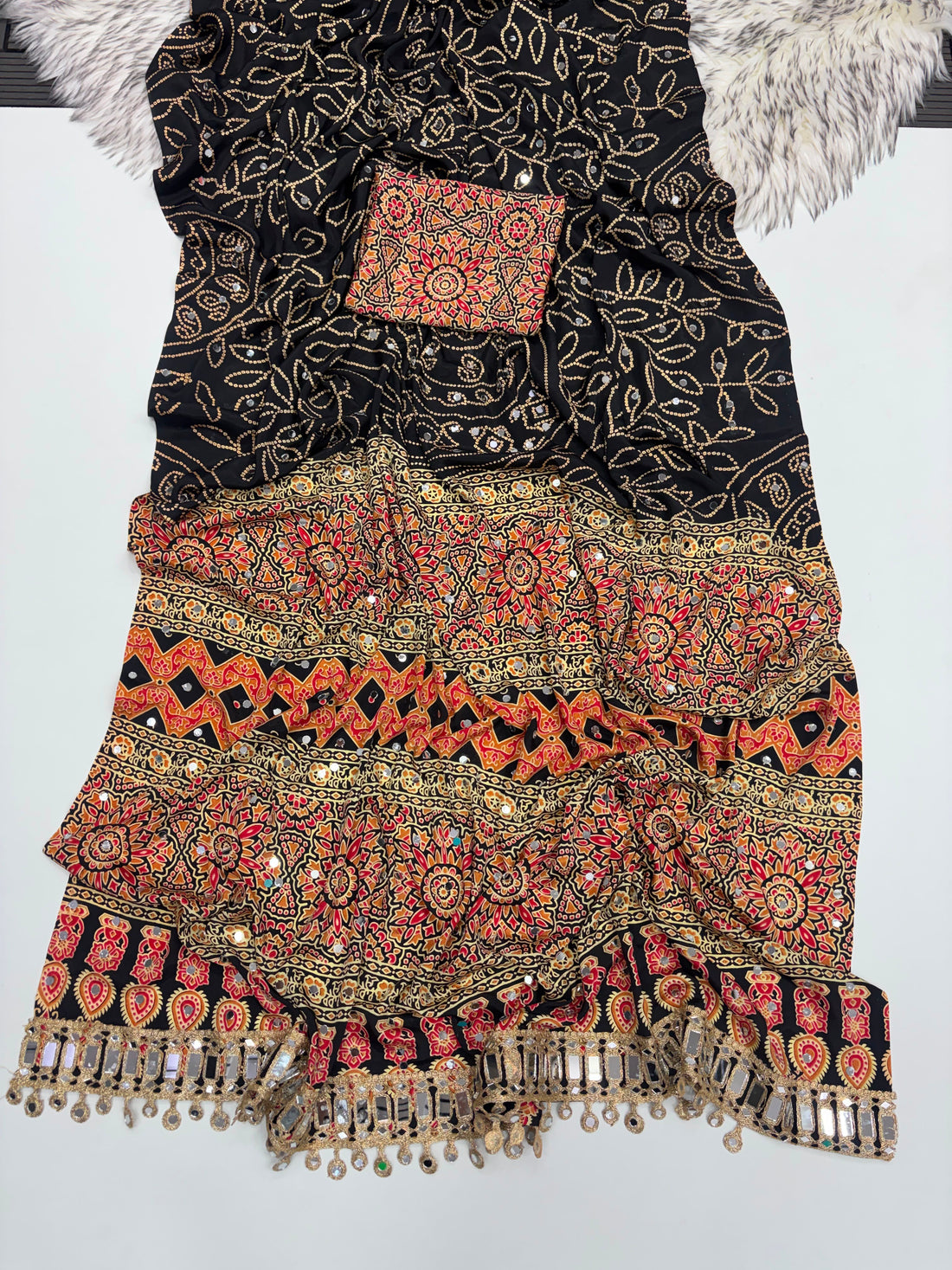 Fancy bandini ajrakh silk sarees with mirrors allover