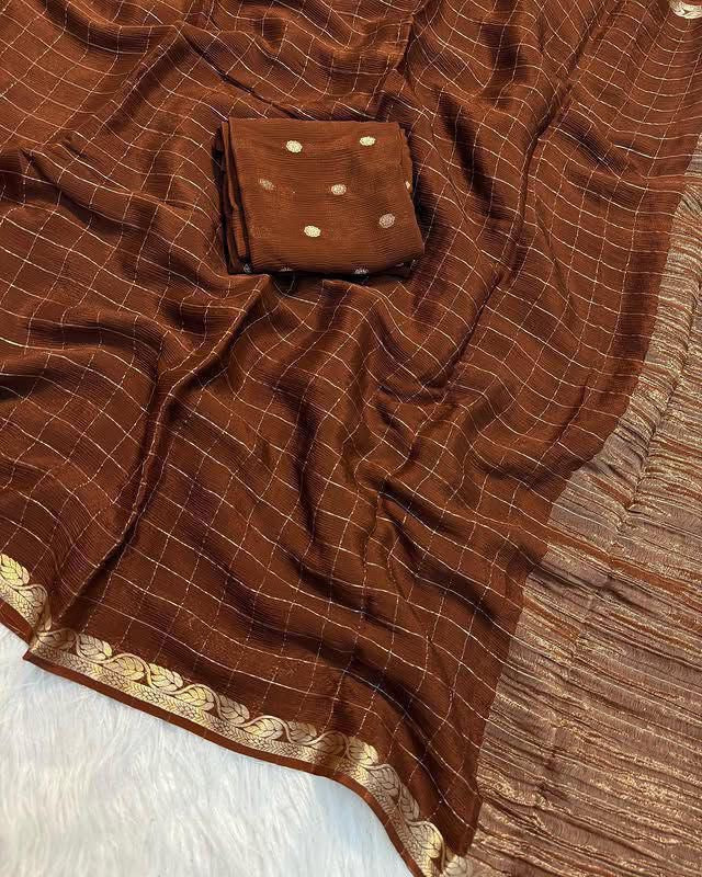 Chinnon sarees with checkered weaving and rich blouse