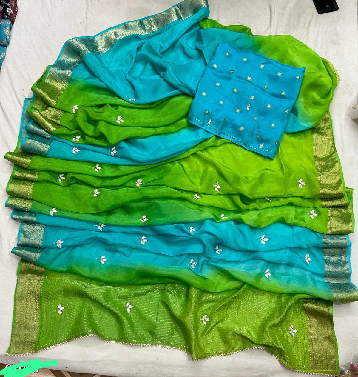 Banaras shaded crepe silk sarees with handwork allover