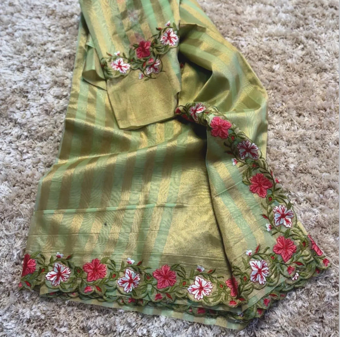 Banaras stripes sarees with scalloped embroidery