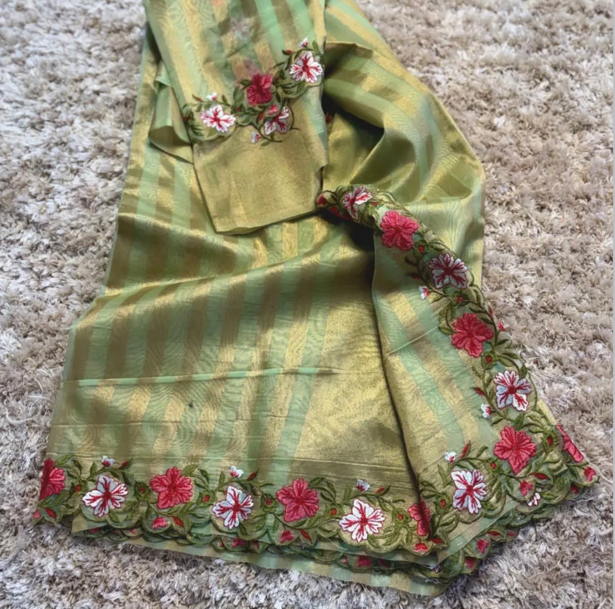 Banaras stripes sarees with scalloped embroidery