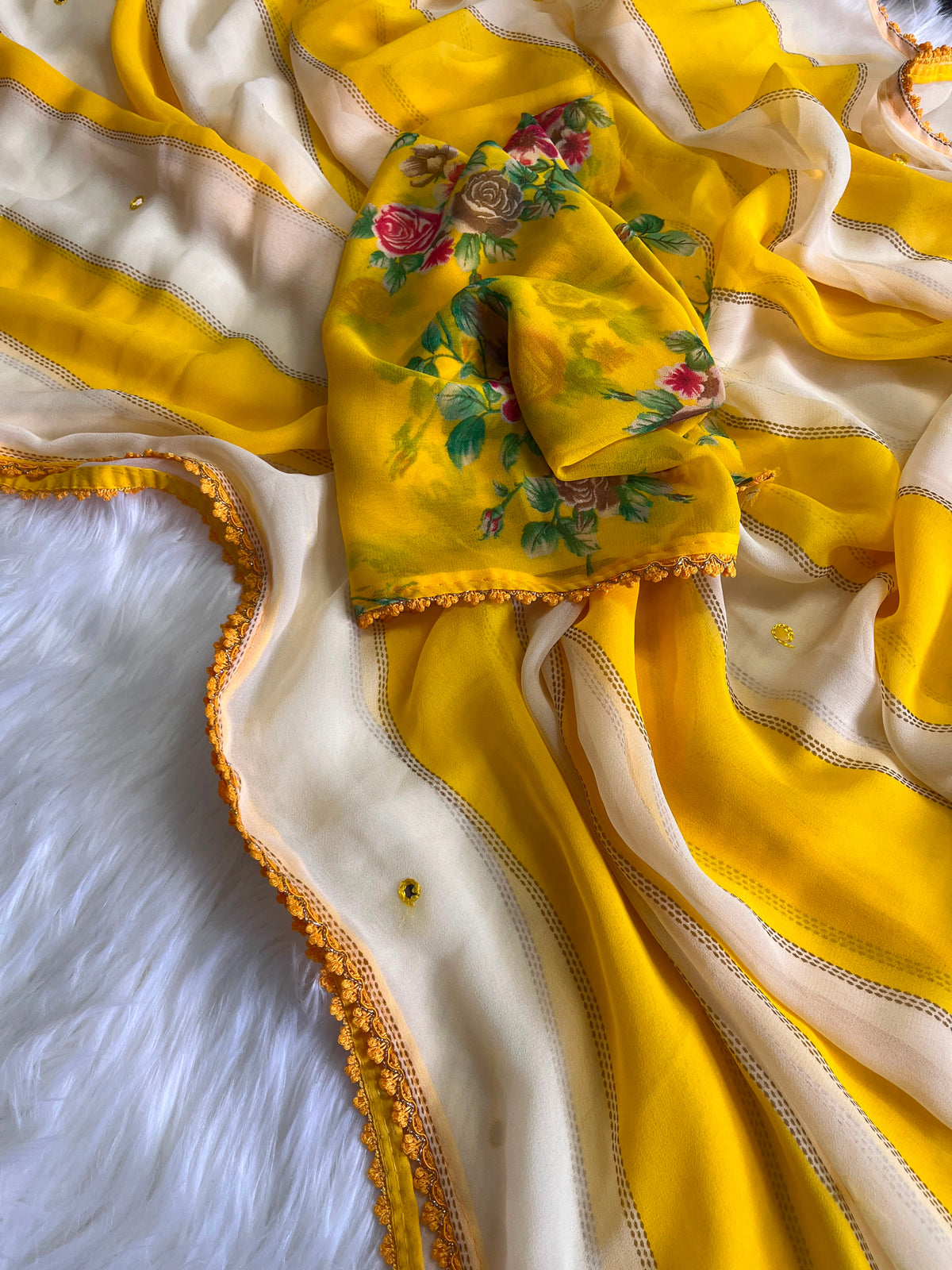 Georgette mirror work saree with floral blouse