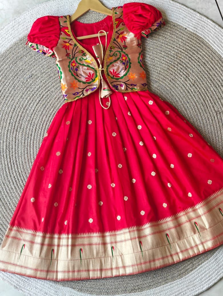Kids fully stitched fancy paithani soft silk dresses with jacket  (1-16 years)