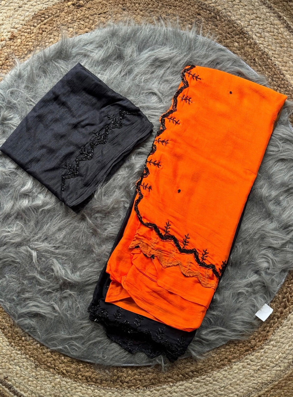 Shaded chinnon sarees with scalloped handwork borders and rich blouse handwork