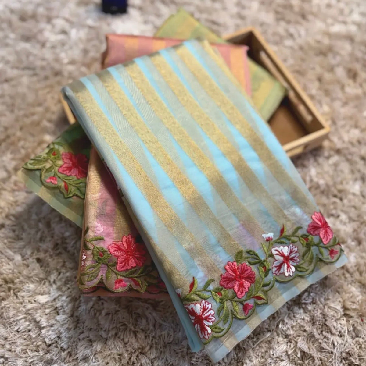Banaras stripes sarees with scalloped embroidery