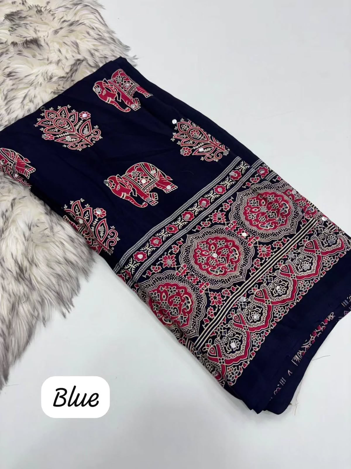 Fancy ajrakh crepe silk sarees with mirrors allover