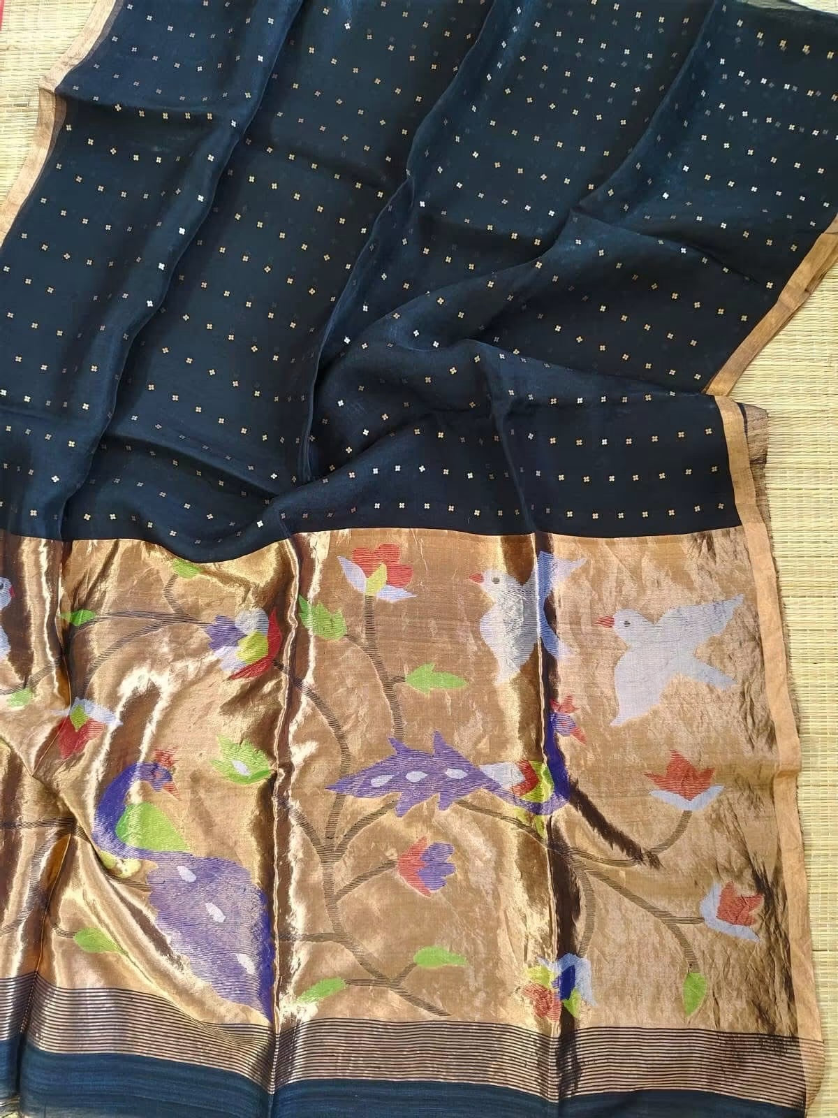 Handloom pure muslin jamdani silk sarees with paithani weaving pallu