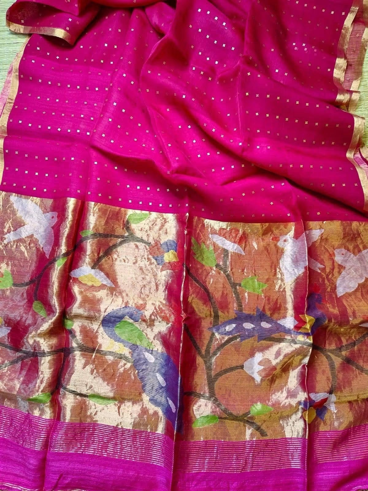 Handloom pure muslin jamdani silk sarees with paithani weaving pallu