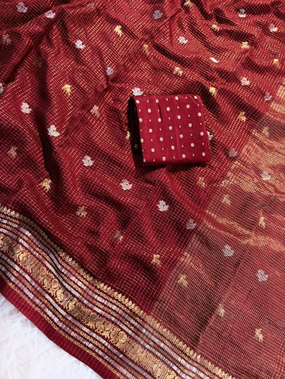 Vintage georgette checkered sarees with rich borders pallu and blouse
