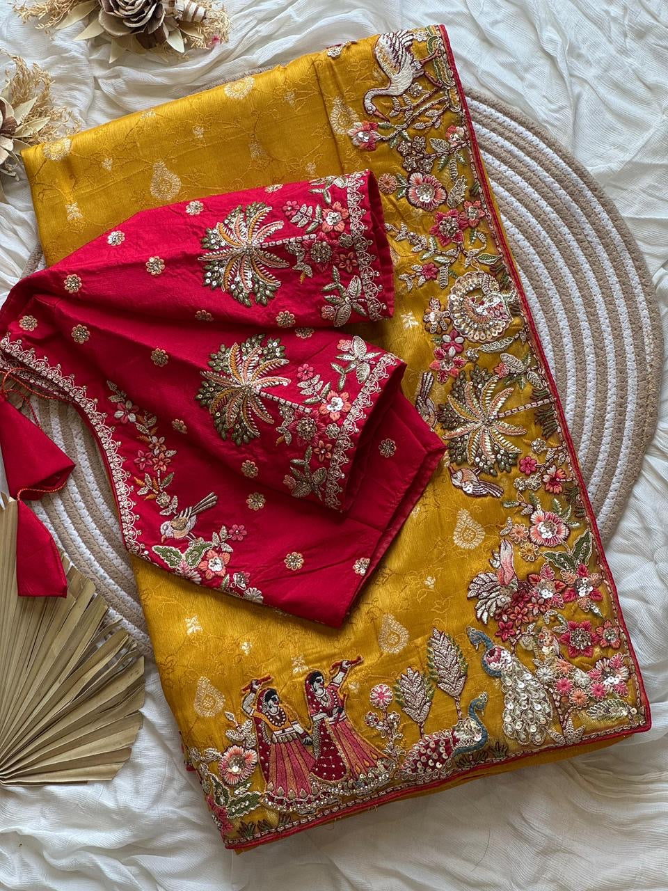 Designed munga silk sarees with intricate embroidery and fully stitched blouse