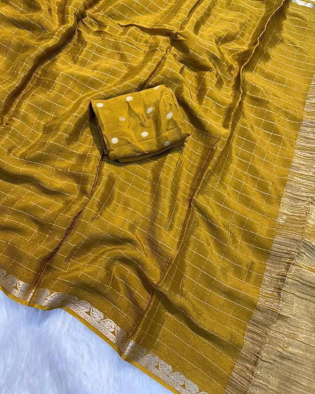 Chinnon sarees with checkered weaving and rich blouse