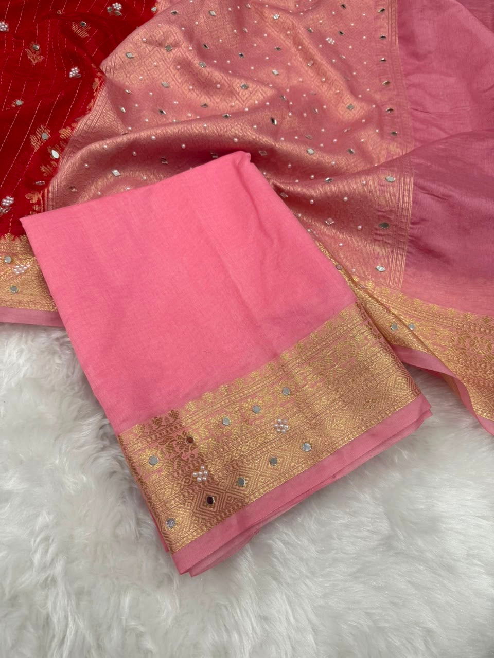 Vintage banaras soft silk sarees with pearl and mirrors designing