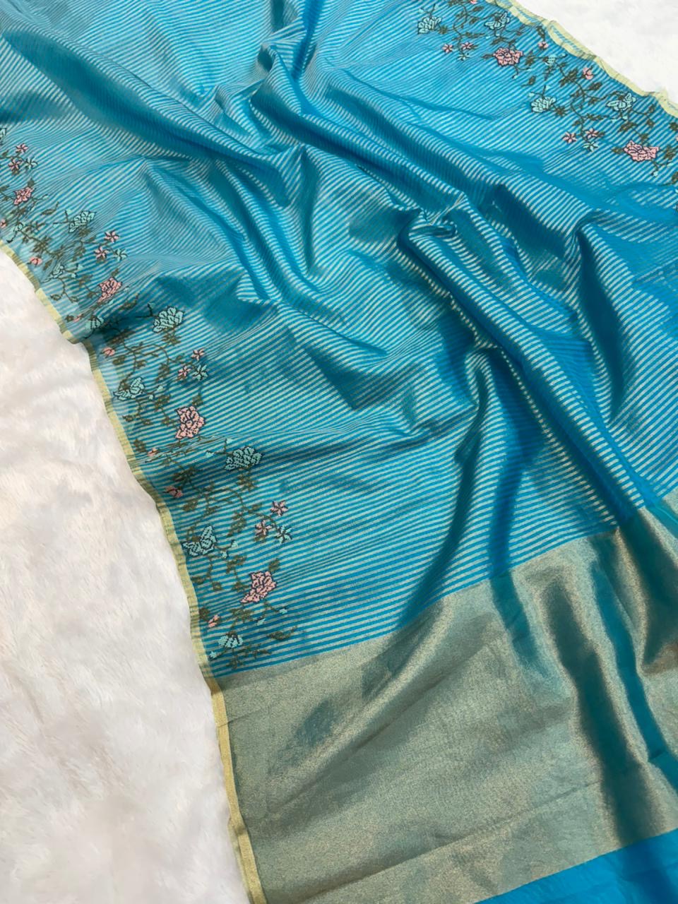 Banaras stripes sarees with intricate petit point work