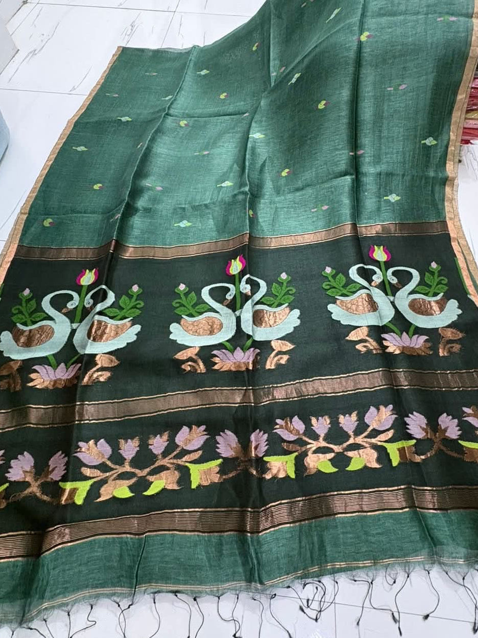 Handloom pure linen silk jamdani sarees