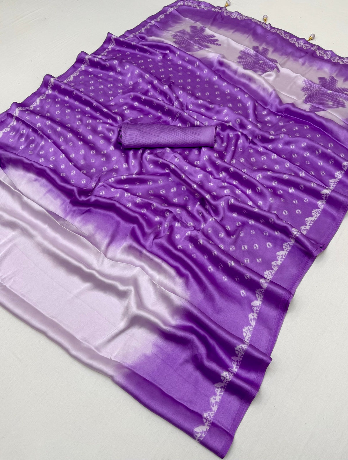 Shaded satin crepe silk sarees with bandini pallu unstitched blouse