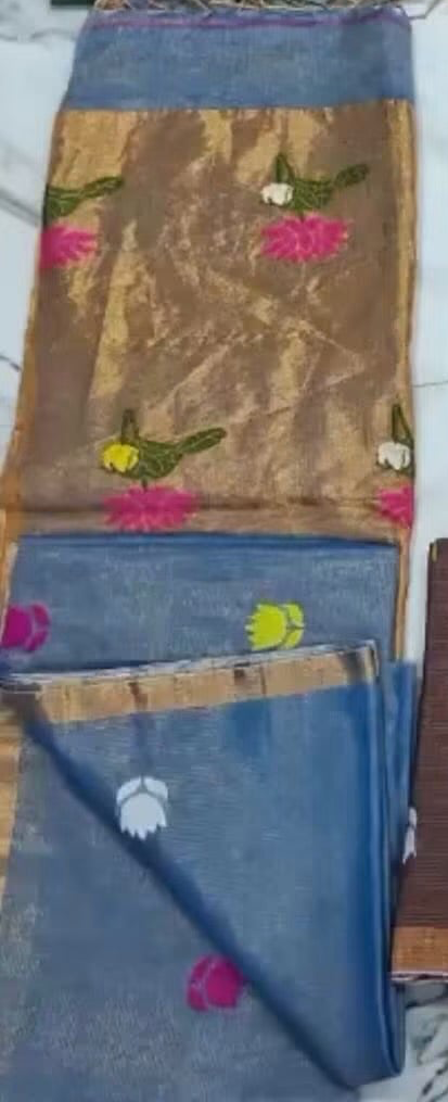 Linen tissue sarees with jamdani weaving