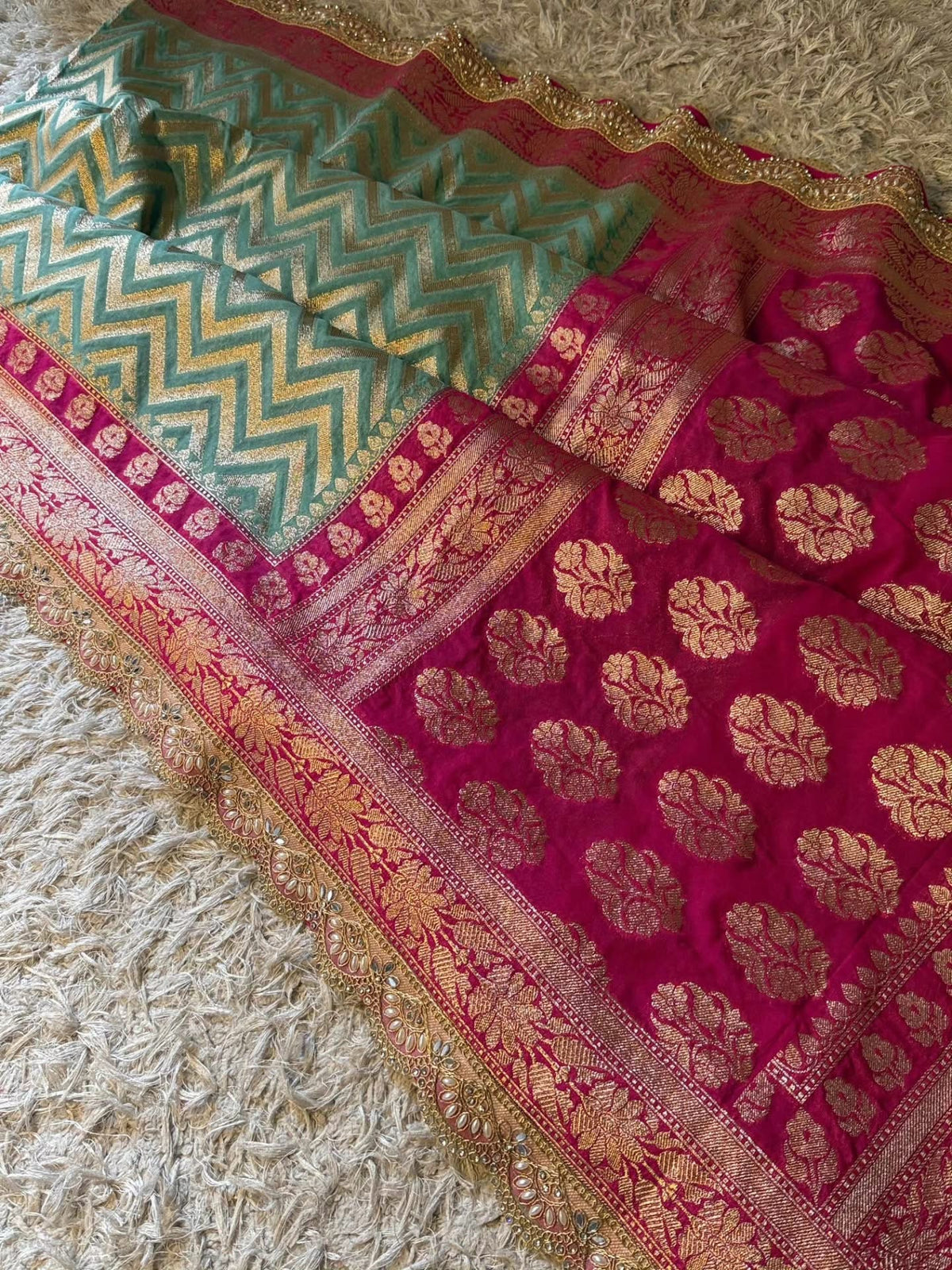 Banaras georgette silk saree with allover weaving and scalloped borders