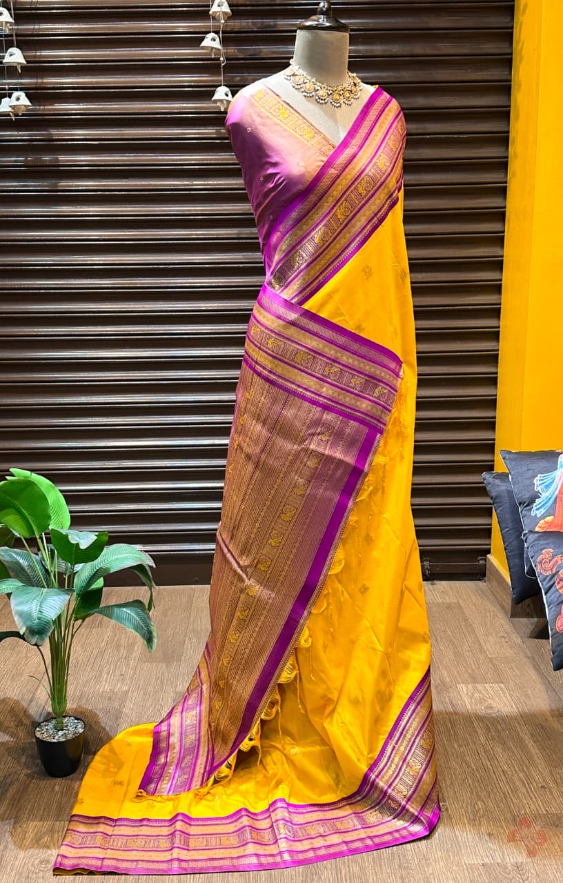 Semi kanjeevaram silk saree with vintage weaving rich unstitched blouse