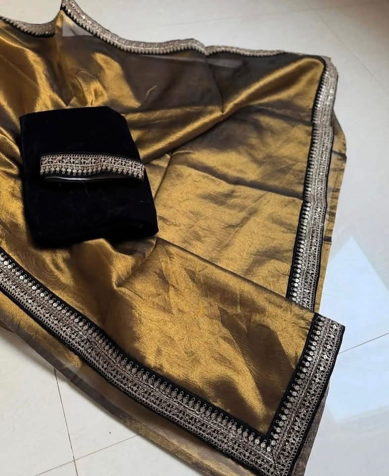 Exclusive banaras tissue silk saree with rich borders and velvet blouse