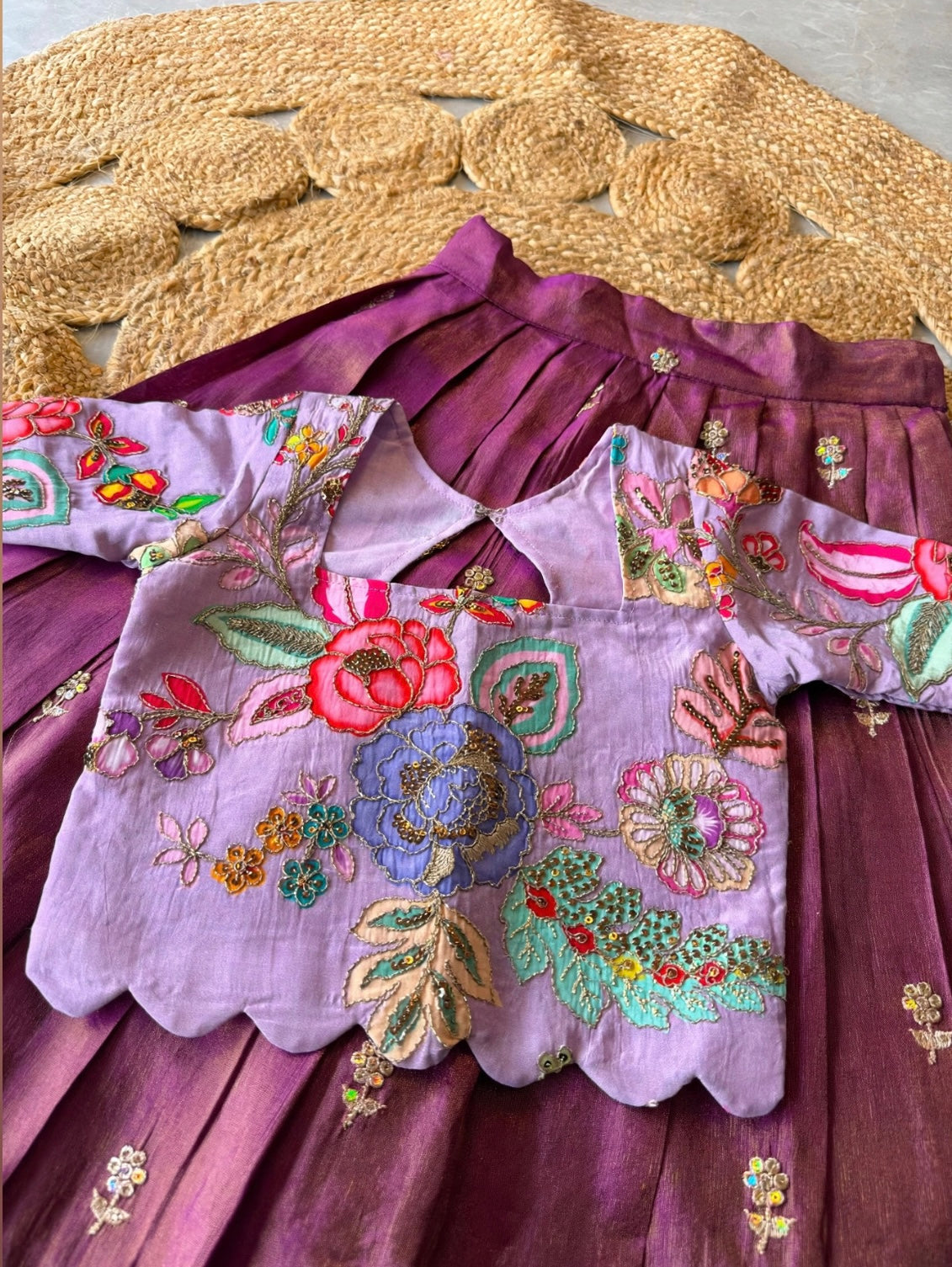 Kids fully stitched tissue silk lehangas with scalloped embroidery and designer blouse (1-16 years )