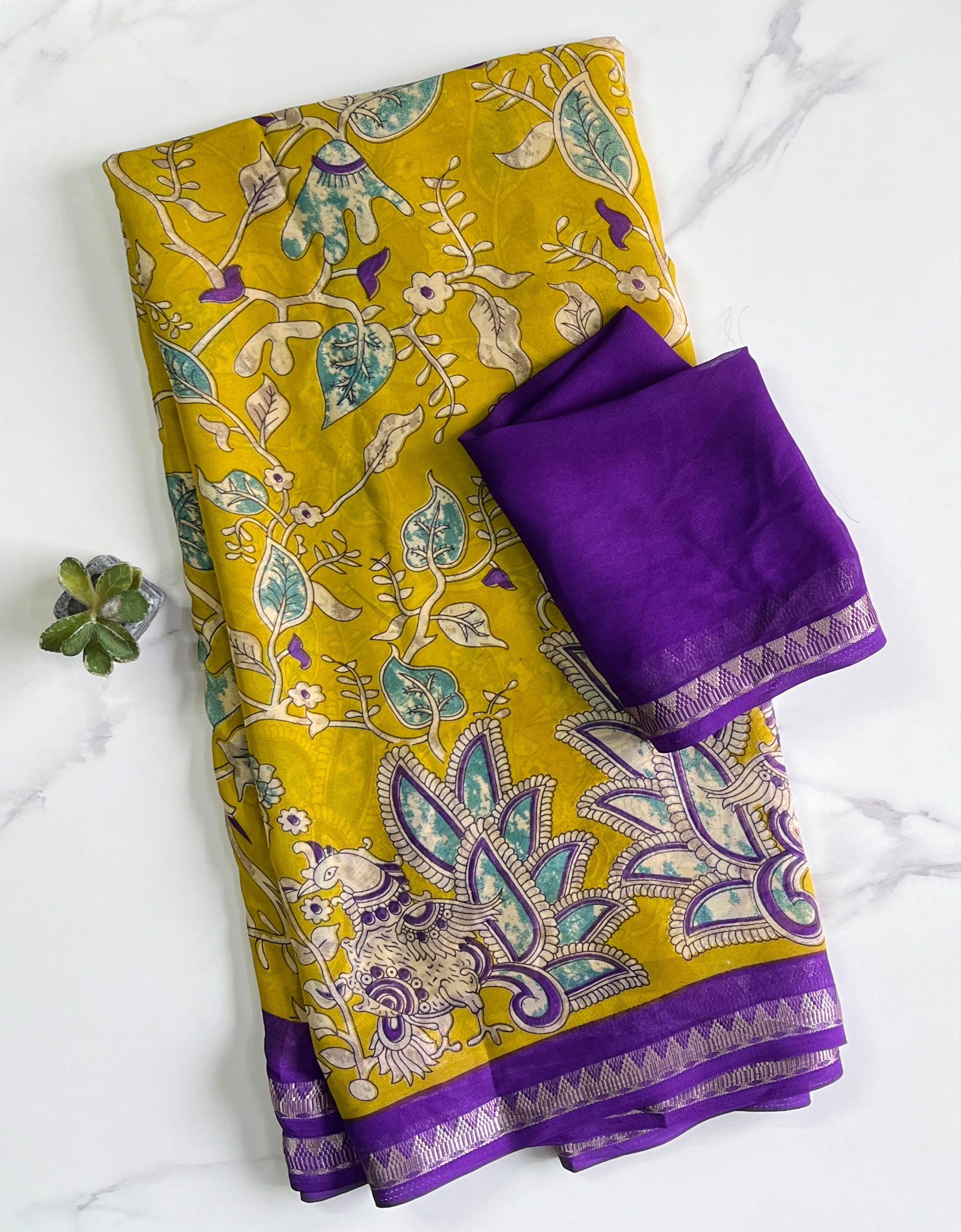 Kalamkari soft silk saree with unique combination unstitched blouse