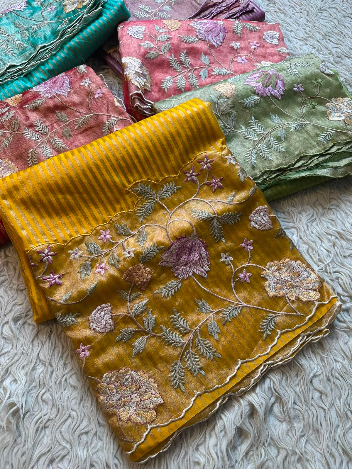 Banaras kora stripes saree with tissue borders and rich embroidery unstitched blouse