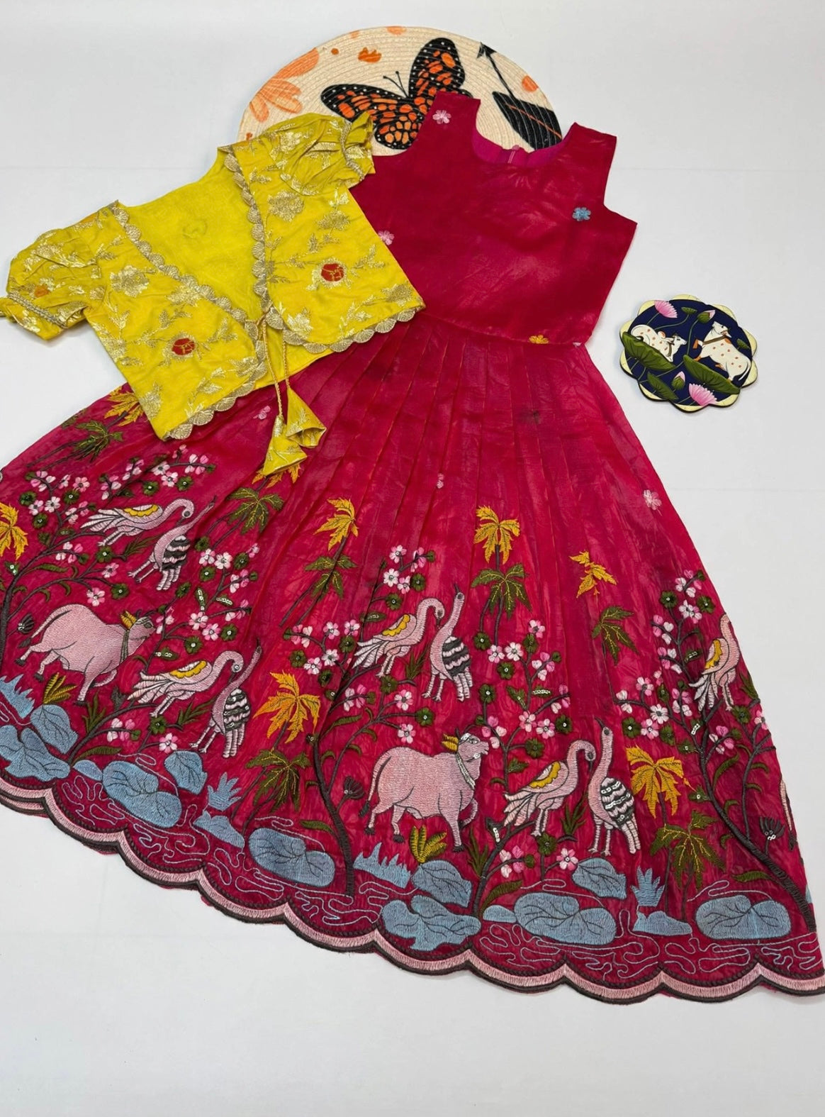 Tissue silk embroidery dress with overcoat kids (1-15 years )