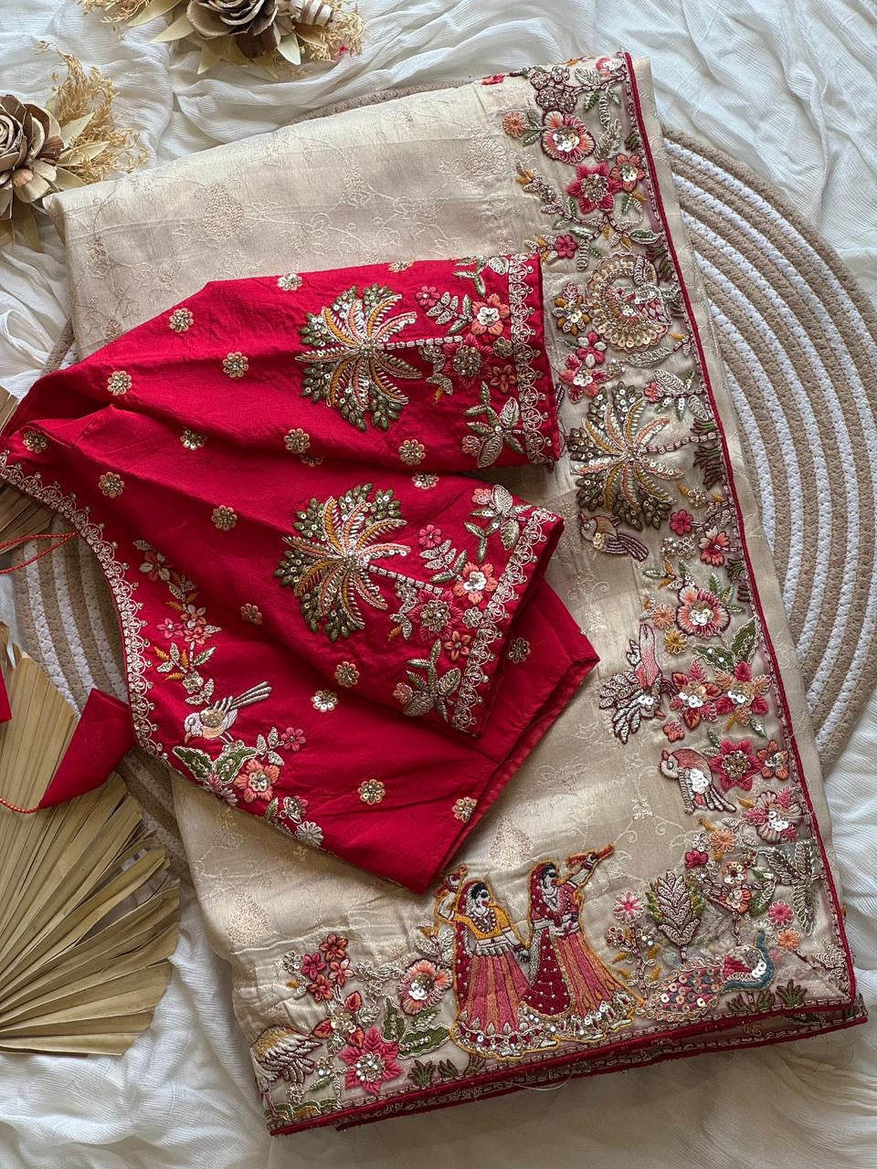 Designed munga silk sarees with intricate embroidery and fully stitched blouse