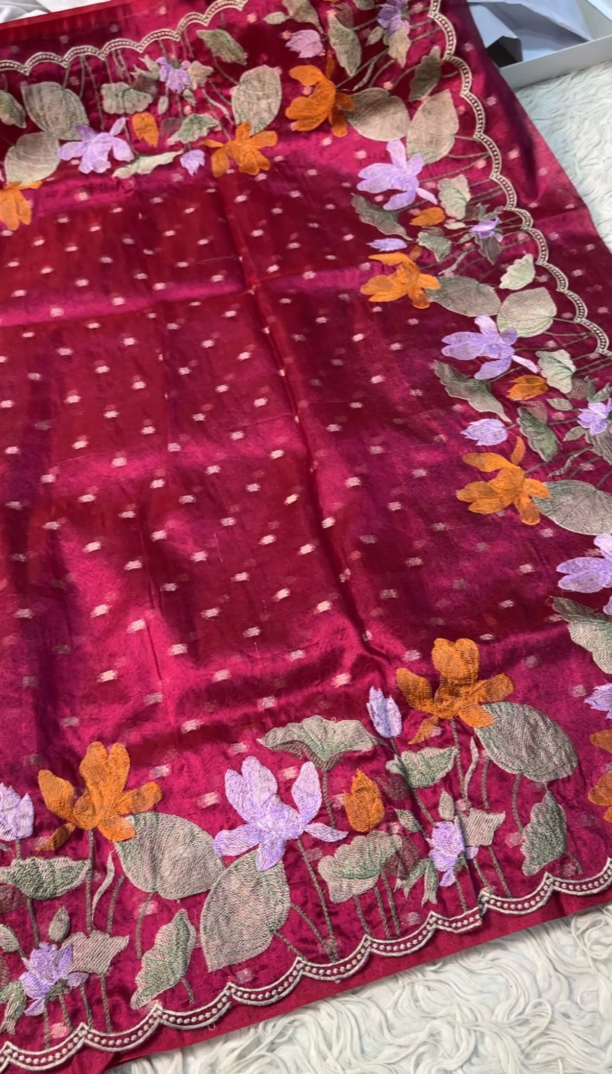 Banaras tissue silk sarees with scalloped applique embroidery