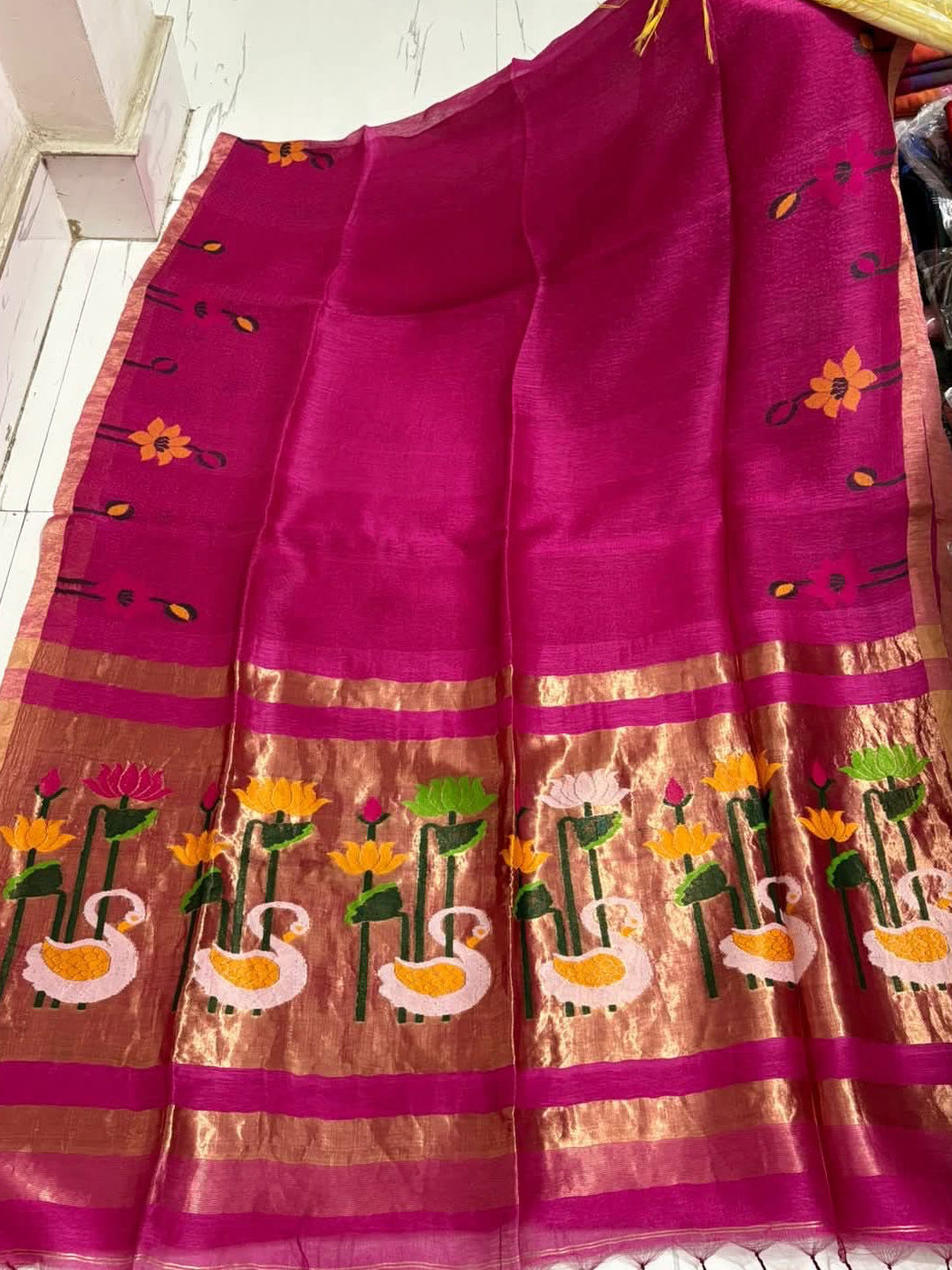 Handloom pure linen silk jamdani sarees