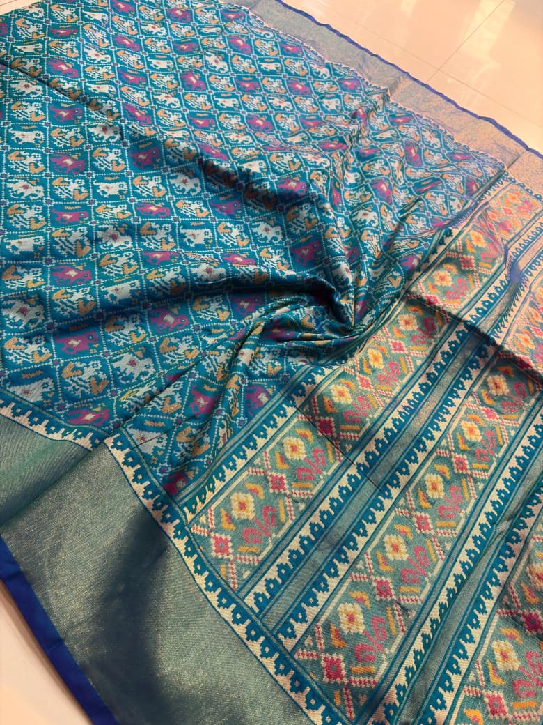 Semi patan patola ikkat silk sarees with tissue borders