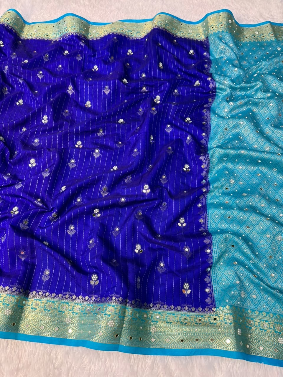 Vintage banaras soft silk sarees with pearl and mirrors designing