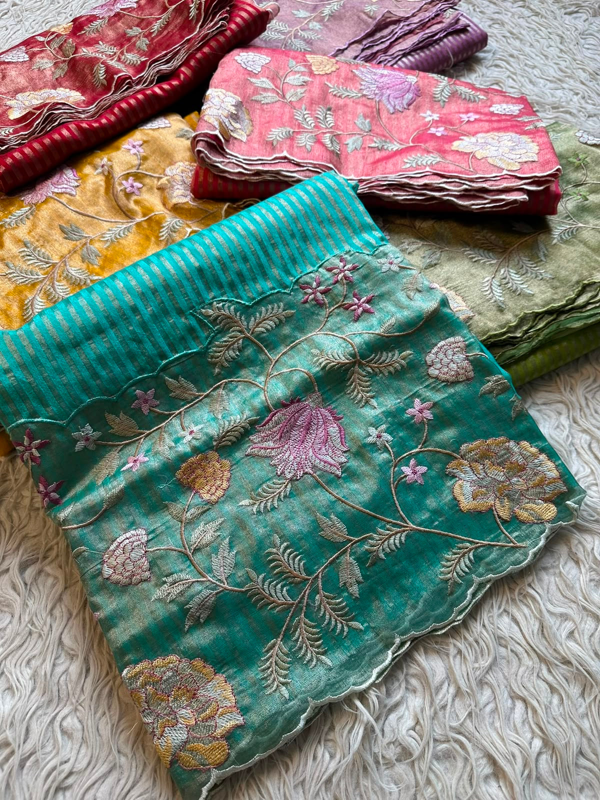 Banaras kora stripes saree with tissue borders and rich embroidery unstitched blouse