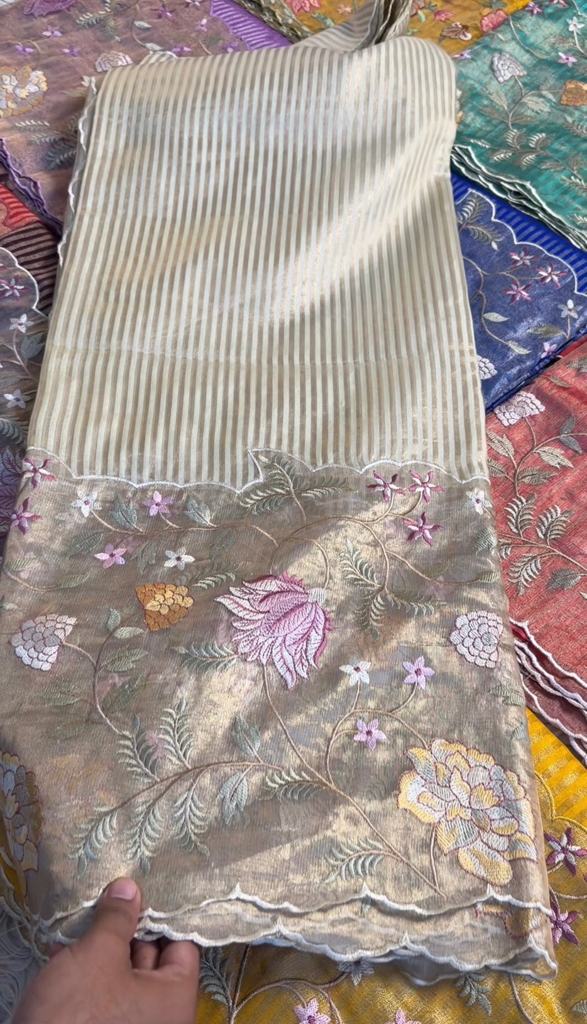 Exclusive banaras tissue stripes sarees with applique scalloped embroidery