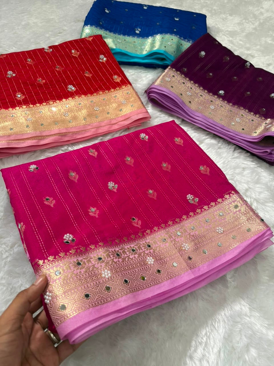 Vintage banaras soft silk sarees with pearl and mirrors designing