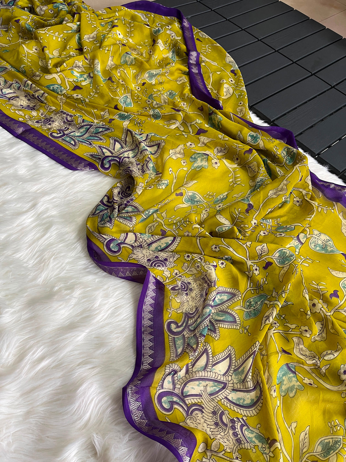 Kalamkari soft silk saree with unique combination unstitched blouse